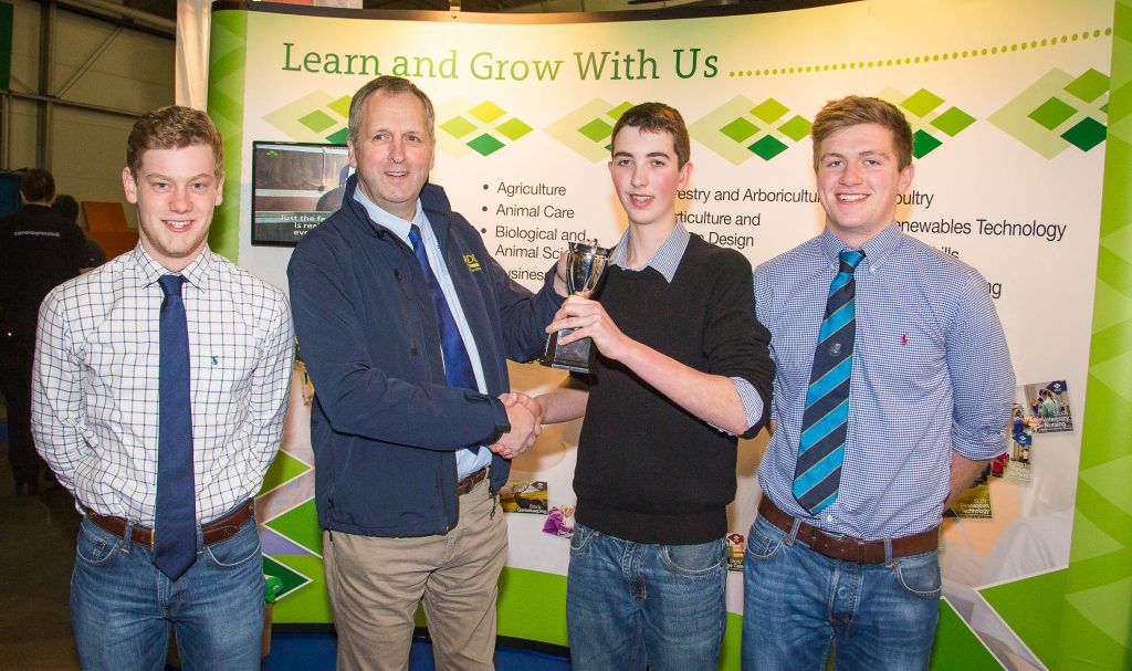 Mains of Loireston Winter Wheat Challenge 2016 winners receiving cup at AgriScot 16th November 2016. L-R Ben Shoreman, Gavin Dick, James Wright and Ian Carlisle. 4th team member not present.
