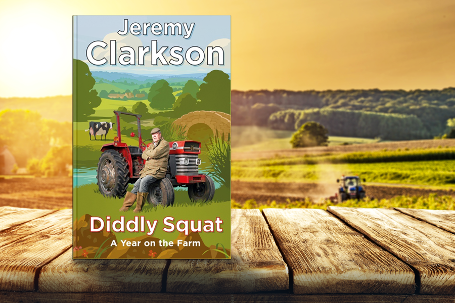 Clarkson's new farming book  Diddly Squat: A year on the farm. with countryside background