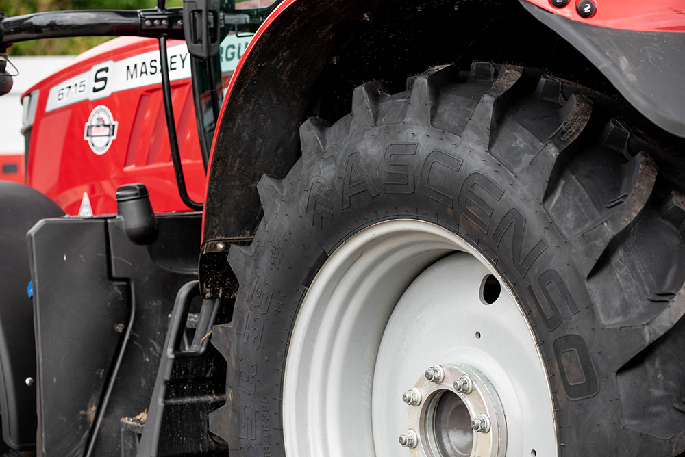 Long-lasting tyres available in the UK Ascenso tyres fitted to a Massey Ferguson tractor for Chandlers Farm Equipment. SPREADWISE after