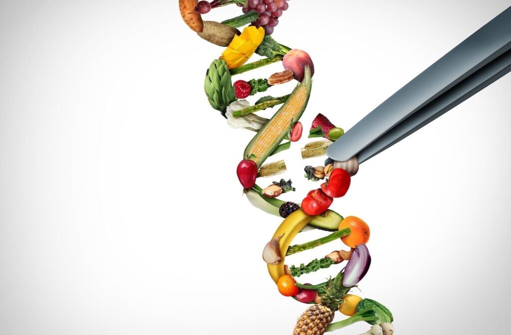 Graphic of a DNA strand made out of vegetables.
