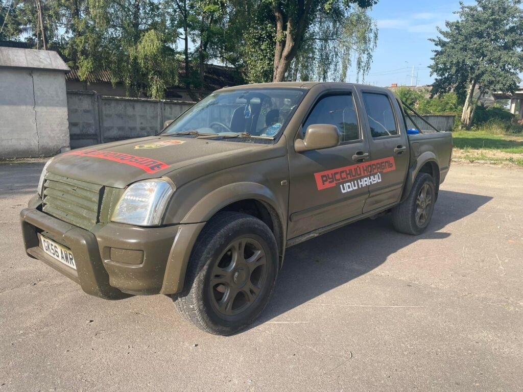 A retrofitted pickup truck, modified and painted to prepare it for the Ukrainian army to use in battle with Russia.