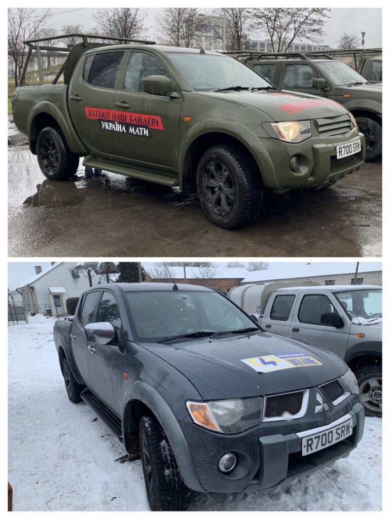 A before and after shot of a Mitsubishi L200 pickup truck, donated by British farmer Charles Thompson to be retrofitted for the Ukrainian army.