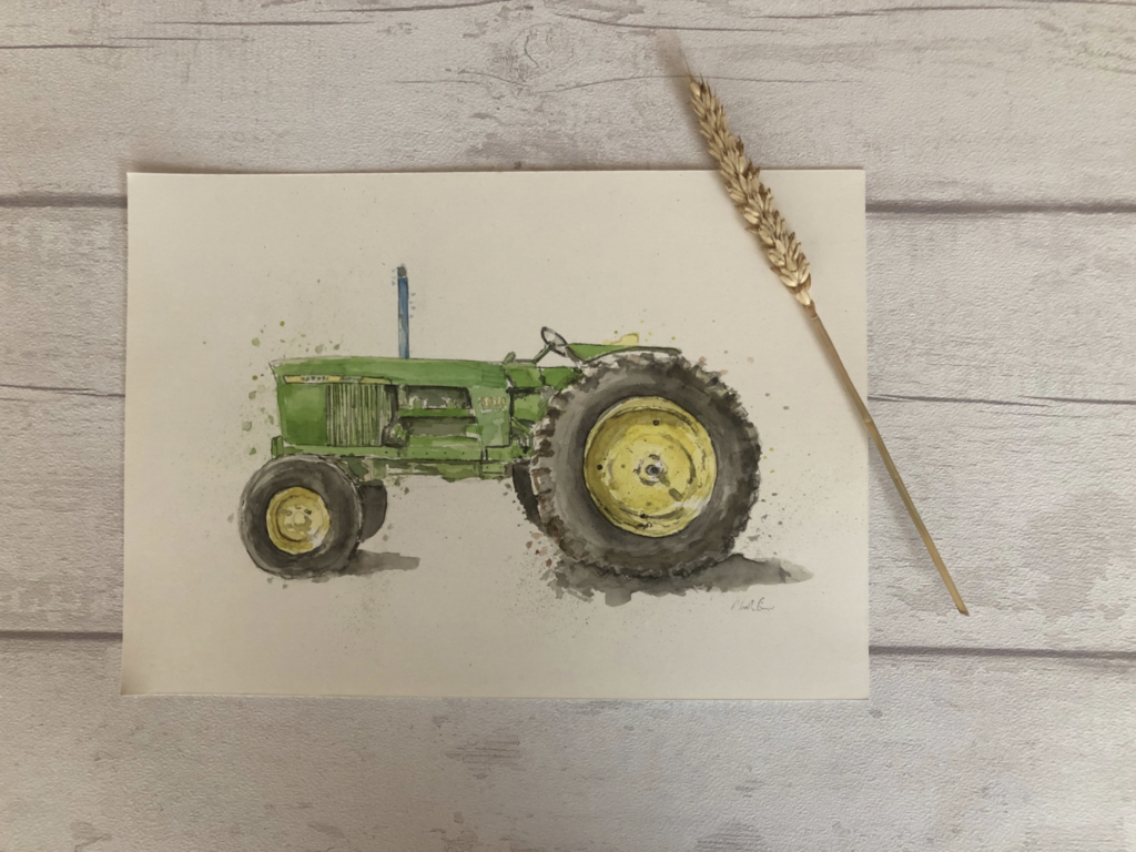 Watercolour of a green tractor by Nicola Evans, with a wheat sheaf laid across one corner 