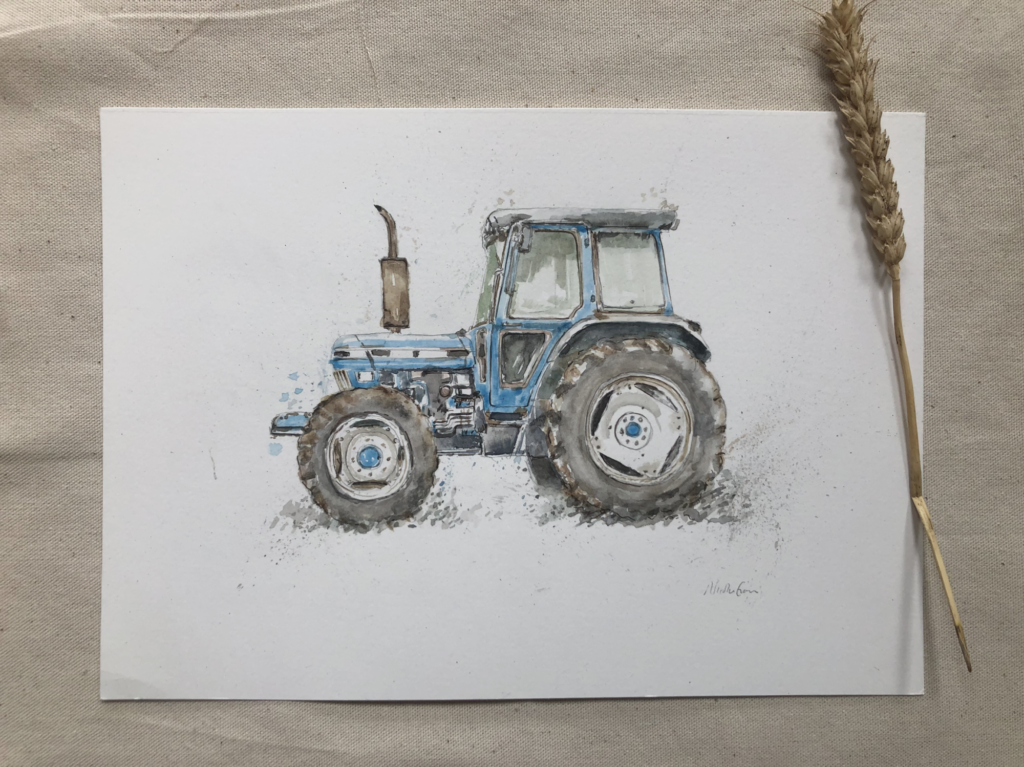 Watercolour of a blue tractor.