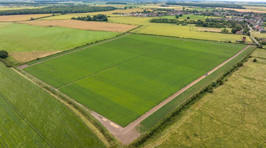 Aerial view of crop nutrition net zero trial crop field ran br Branston