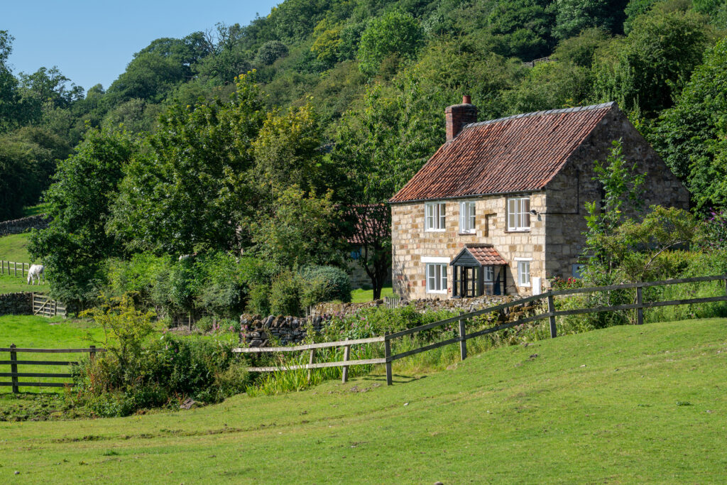 A cottage in the countryside, surrounded by trees and fields