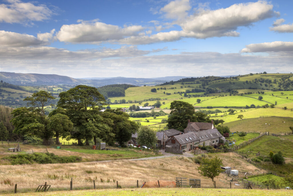 View over farmstead from the Stiperstones, Shropshire, England