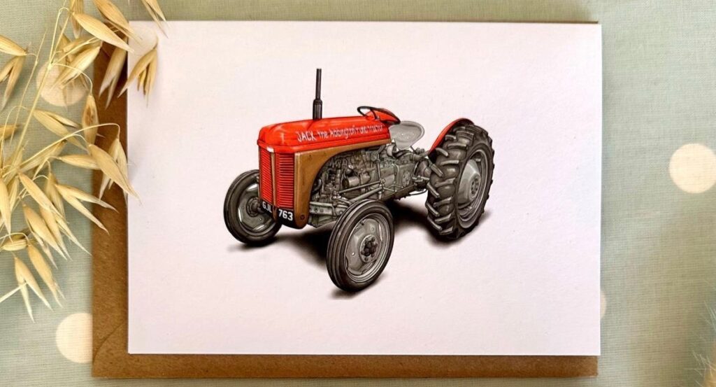 Greetings card featuring a red vintage Massey tractor