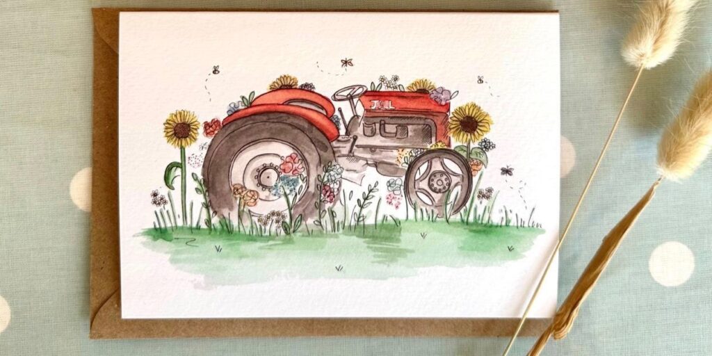 greetings card featuring a red vintage Massey tractor 