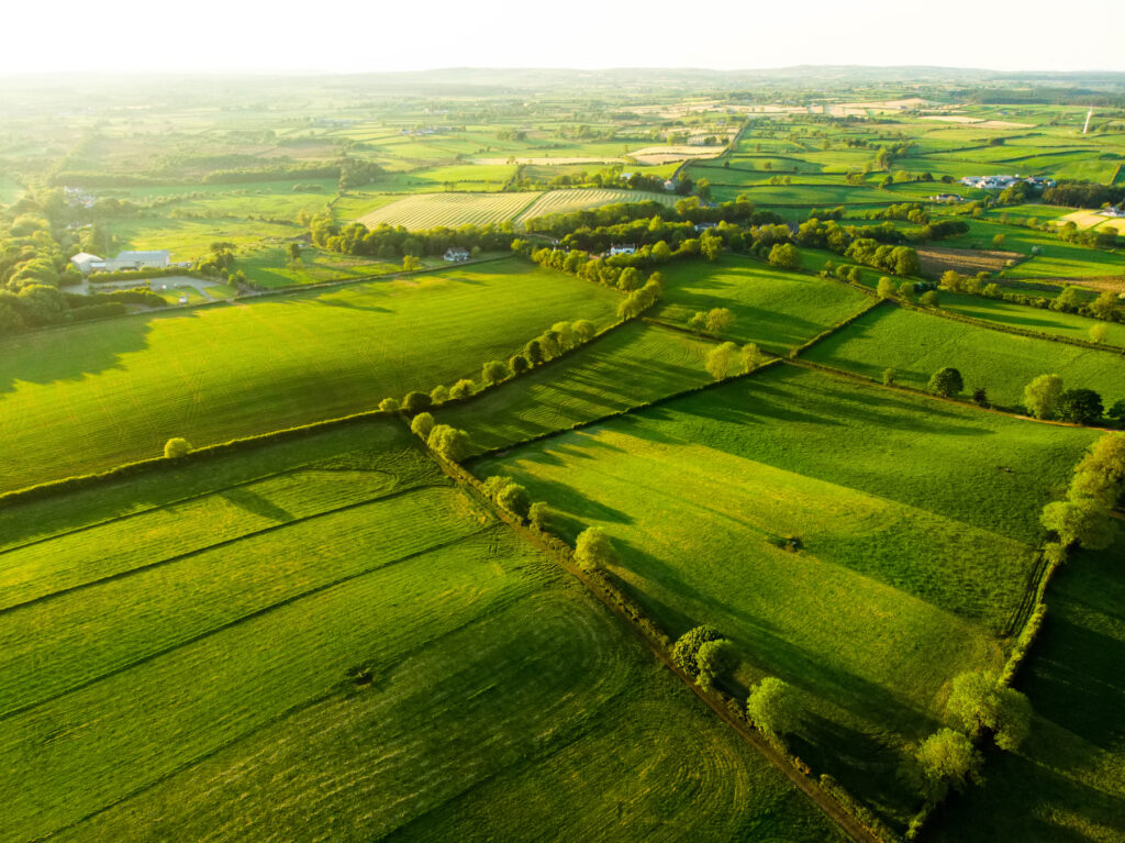 Aerial view of endless lush pastures and farmlands of Ireland. Beautiful Irish countryside with emerald green fields and meadows. Rural landscape on sunset.