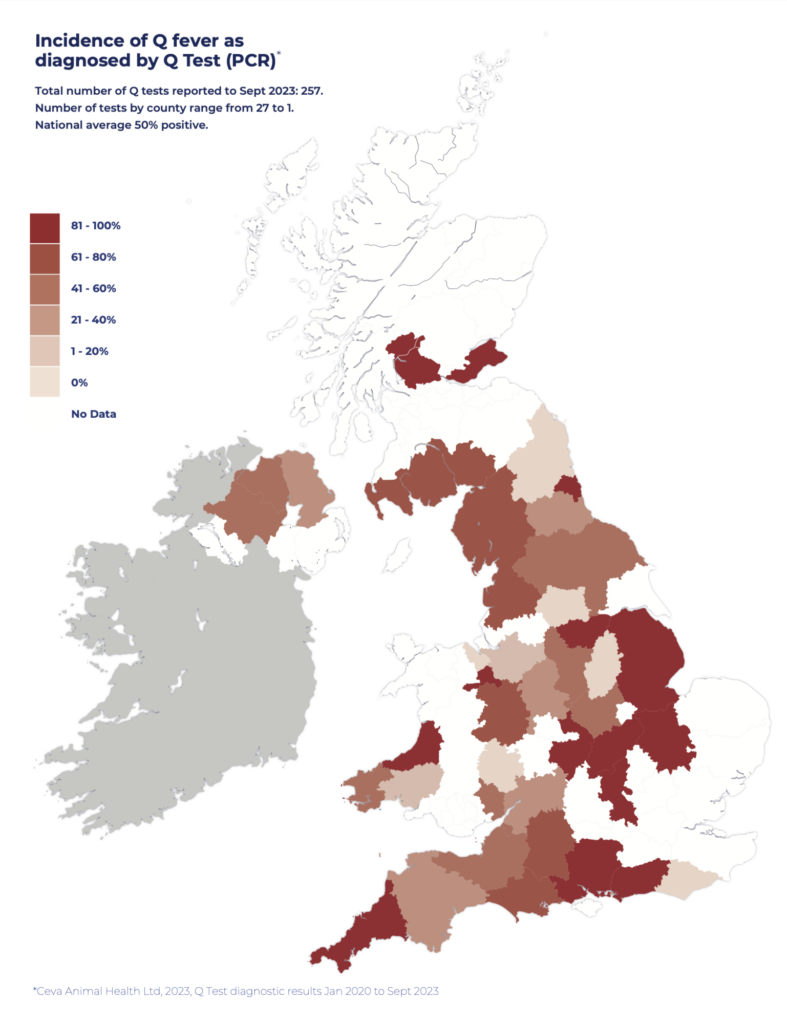 Colour coded map of the UK showing widespread incidence of Q fever 