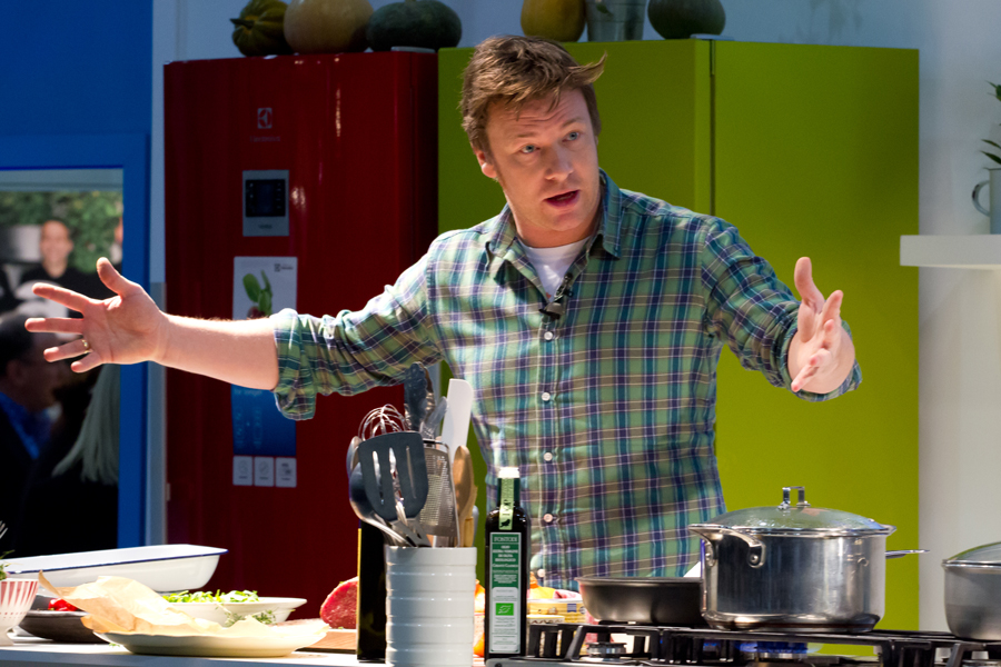 Jamie Oliver in a colourful kitchen