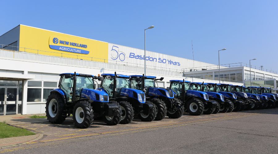 New Holland tractors lined up outside Basildon factory