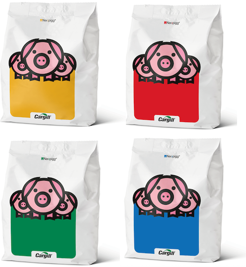 four bags of Cargill NeoPigg feeds in different colours, yellow, red, green and blue, with pig illustrations.