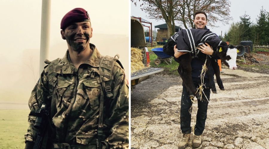 sergeant Rob Duchesne - on the left, in army uniform, and on the right, holding a calf on the farm.