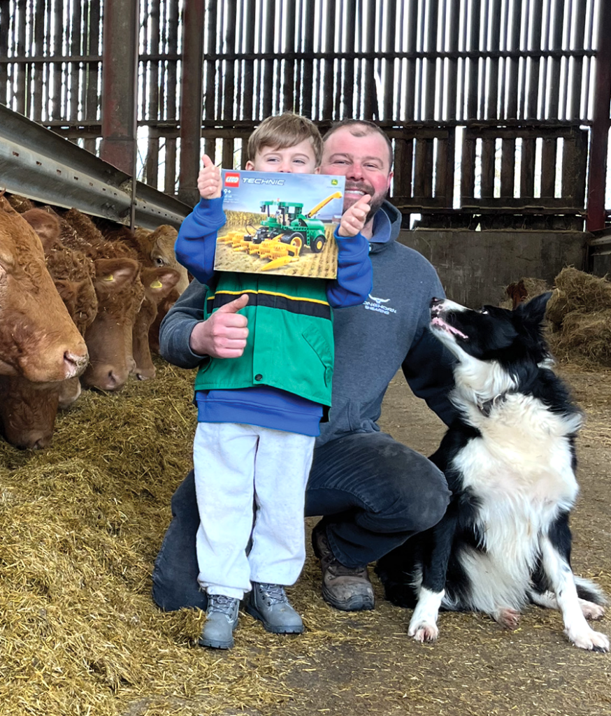 11.	Johnny Griffin, aged seven, from Droitwich was extremely happy and excited to receive a Lego Technics forage harvester from Farmers Guide, after entering the Christmas competition with his nan, Patricia. Pictured with his dad James and their working dog Sweep, Johnny is the sixth generation at the family’s mixed farm. 